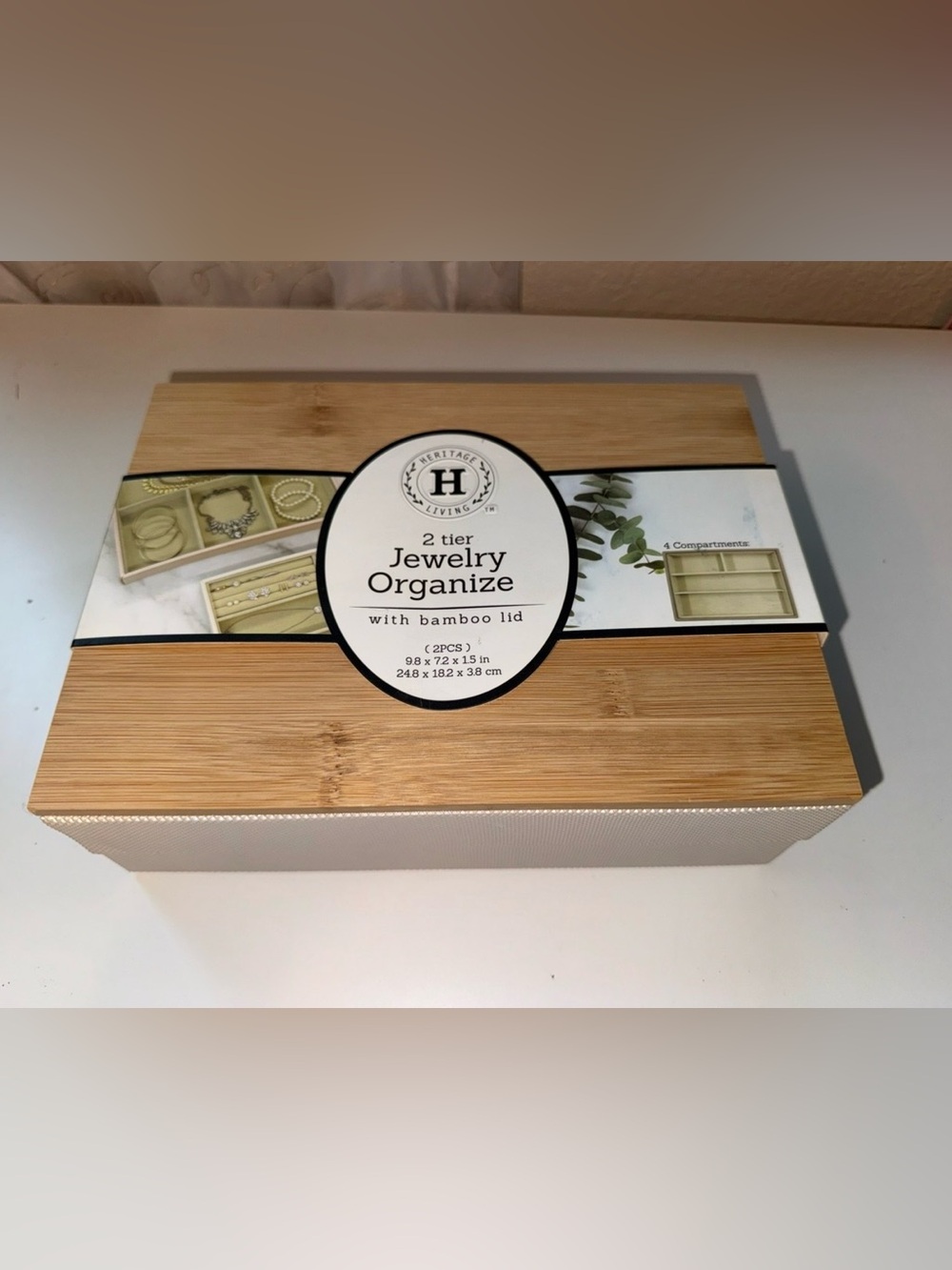 Bamboo Lid 2-Tier Jewelry Organizer - Natural wood and cream color